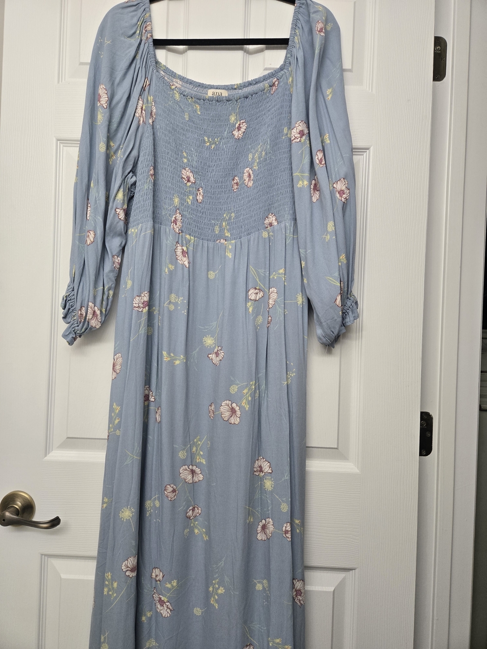 Light Blue Floral Maxi Dress with Smocked Bodice And Blouson Sleeves